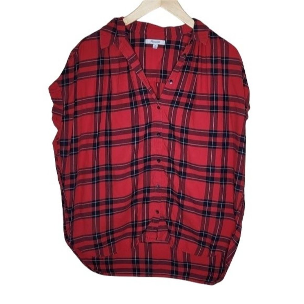 Womens Madewell Red Plaid Dolman Sleeve Button Front Top Size Medium